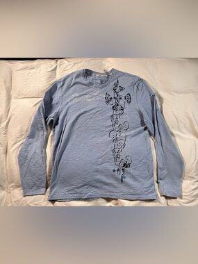Guess Vintage Tribal Cross Y2K Pale Blue Gray Long Sleeve Shirt Retro XXL 90s